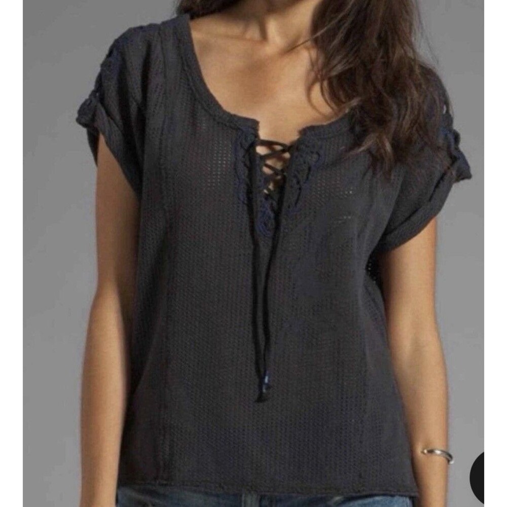 Free People Strawberry Fields Women’s Crochet Mesh Top Lace Up V neck Sz Med